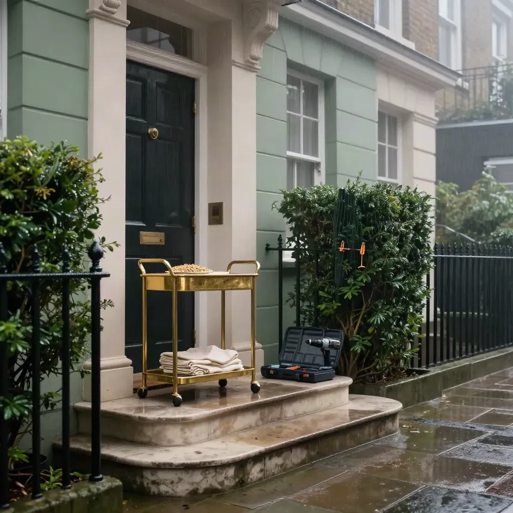 Rain-washed townhouse threshold with cleaning caddy, linens, drill case and misty garden light.