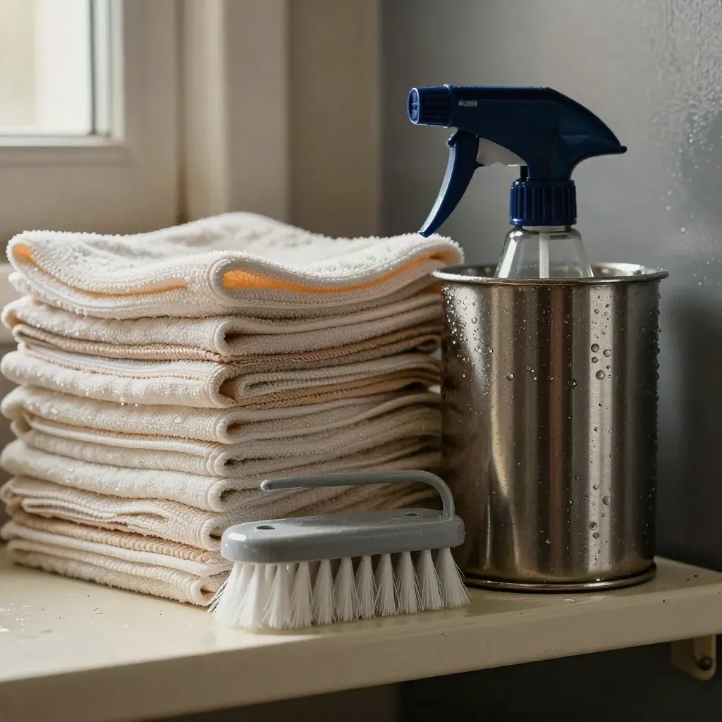 Macro of cleaning cloths, grout brush, spray nozzle and steel caddy on a utility shelf