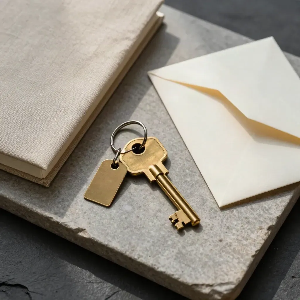 Brass key, lockbox tag, linen notebook and sealed envelope on a stone tray, overhead.