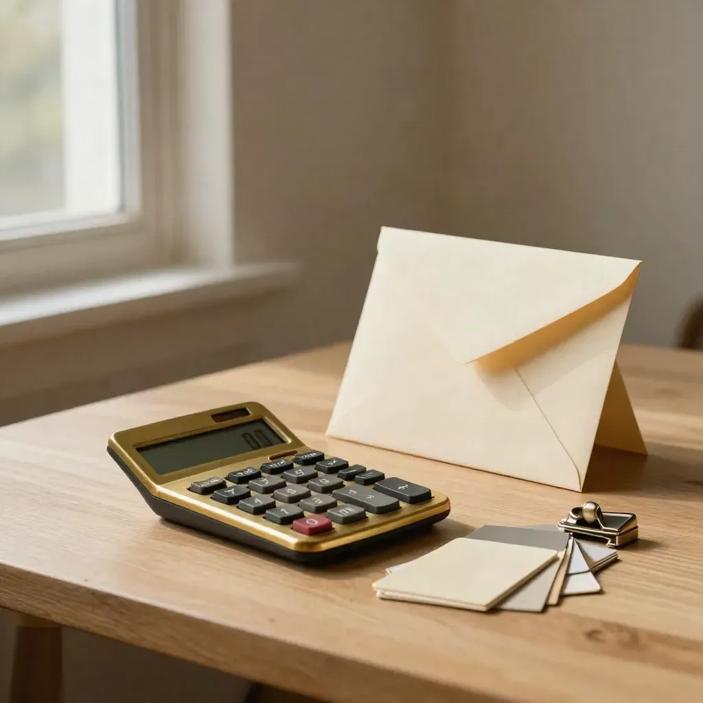 Brass calculator, sealed envelope, colour chips and metal clip on pale oak in soft side light.