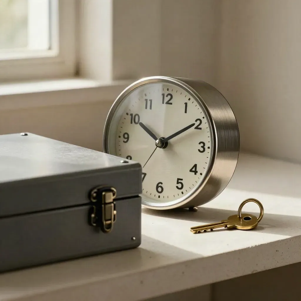 Brushed clock, lockbox, brass key and key ring on a plaster shelf in soft side light