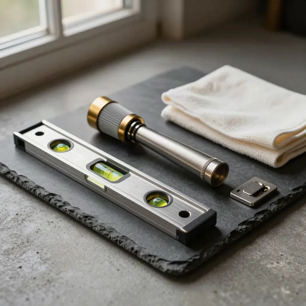 Overhead stone tray with spirit level, inspection torch, hinge and microfiber cloth.